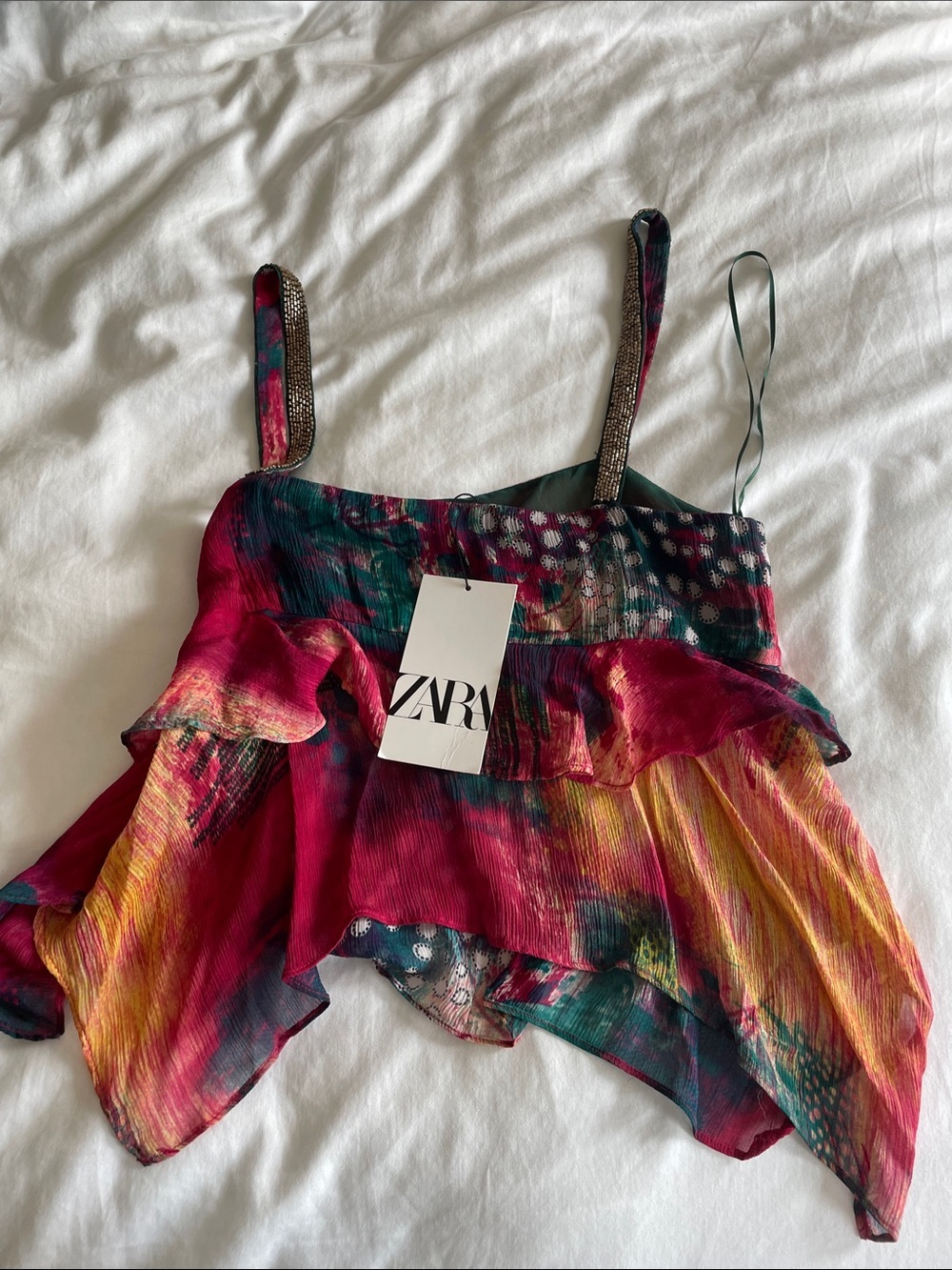 Boho Floral Ruffle Cami Top - Multicolor, Beaded Gold Straps - Picture 2 of 6